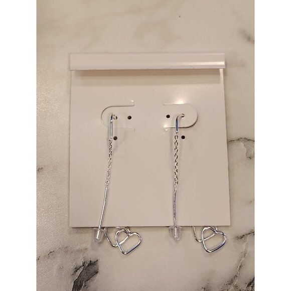 Sterling Silver Double Heart Threader Earrings With Chain Design - Picture 3 of 5